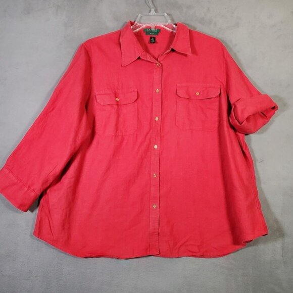 Lauren Ralph Lauren Top Womens 3X Red 100% Linen Button Roll Tab Sleeve Minimal - Picture 2 of 9